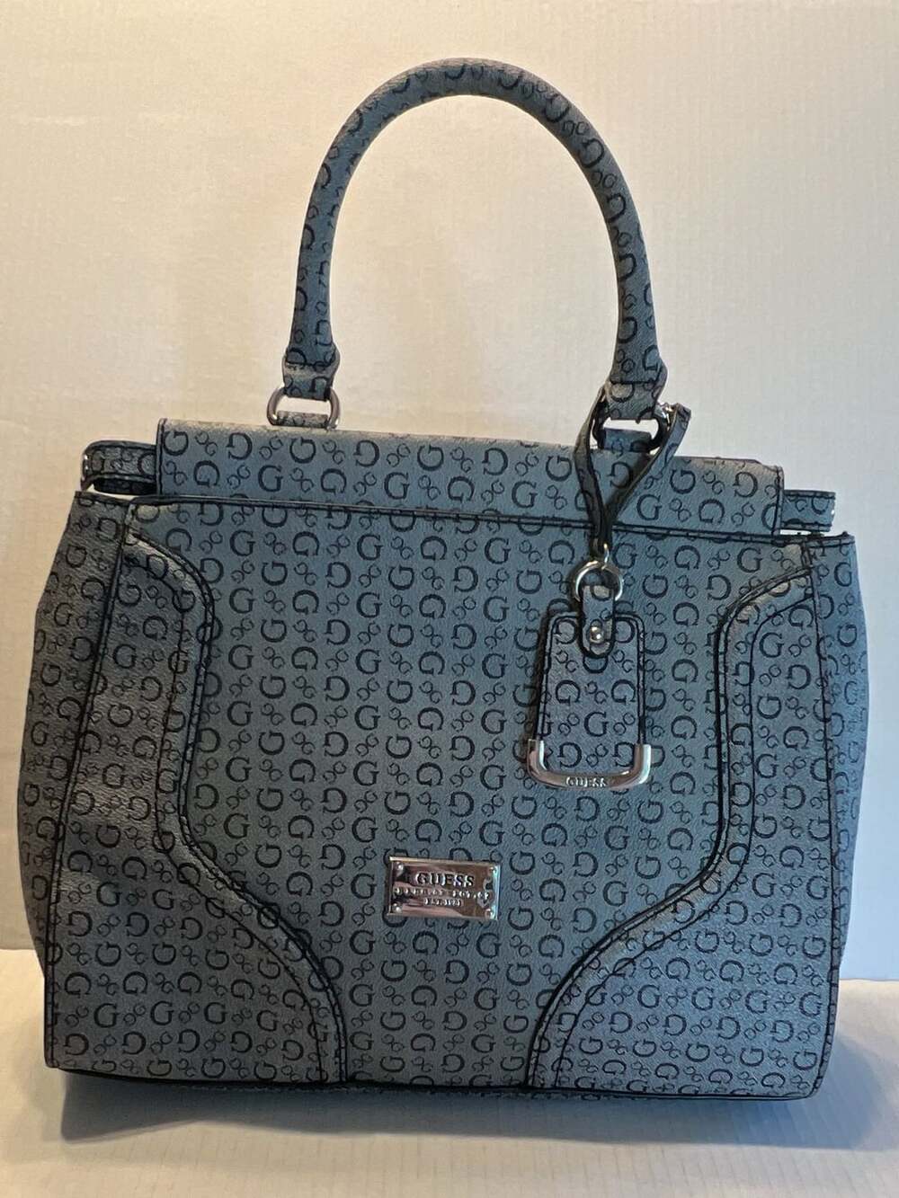 Guess Gray Monogram Logo Faux Leather Satchel Handbag